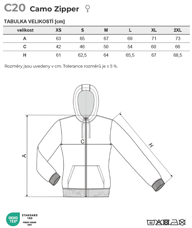 C20 Camo Zipper mikina dámská Tabulka velikostí